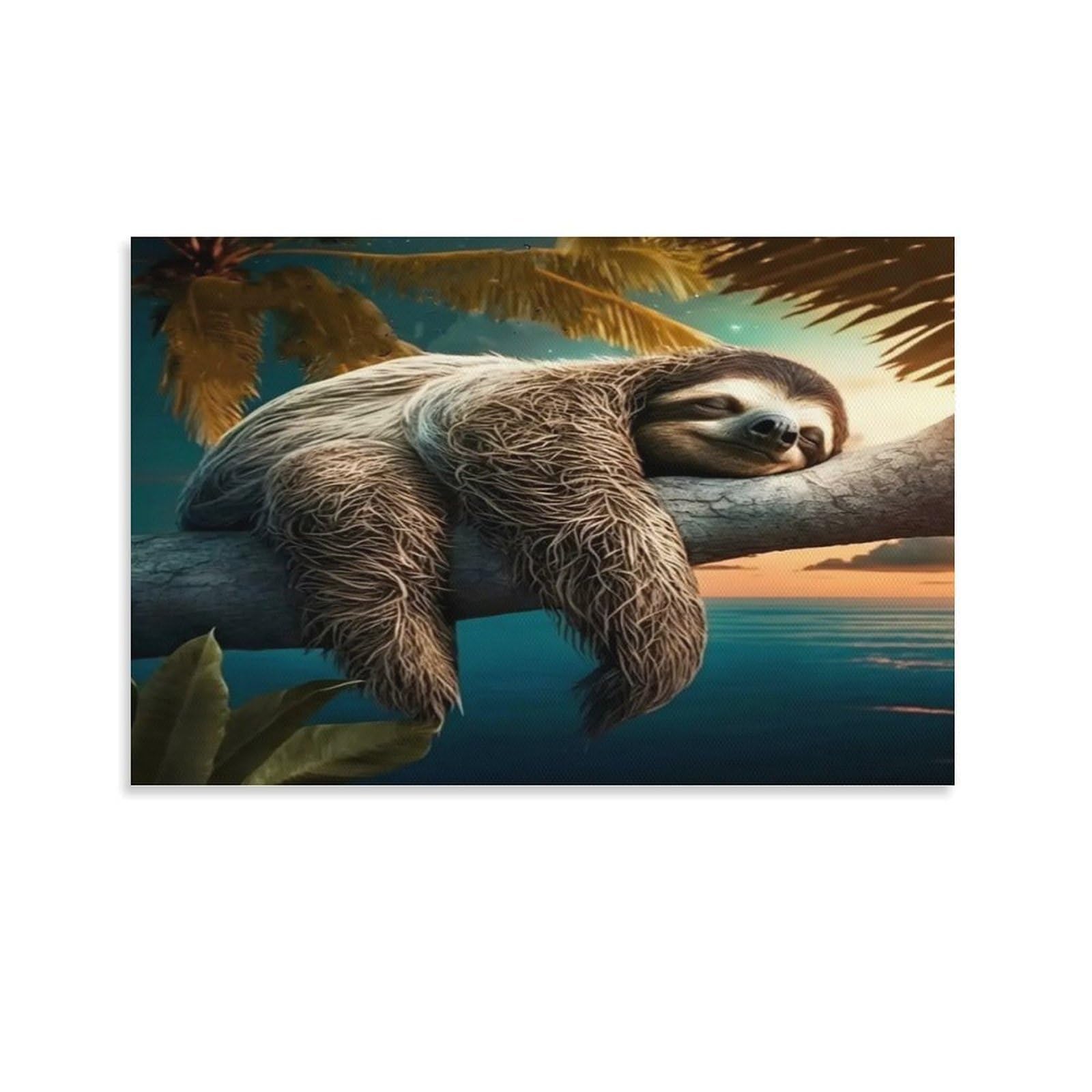 CPLVKWRQJ Sloth Sleeping Tree Individual Lazy Sloth Napping Palm Tree Seaside Sunset Canvas Wall Hanging - Office Wall Focal Art Fade Resistant Statement Piece Decor 20x30inch(50x75cm)