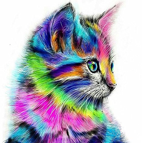 MXJSUA 5D Diamond Painting Kit DIY by Number Round Drill Beads Crystal Rhinestone Picture Supplies Arts Craft Wall Sticker Decor-Color Cute Cat 12x12in