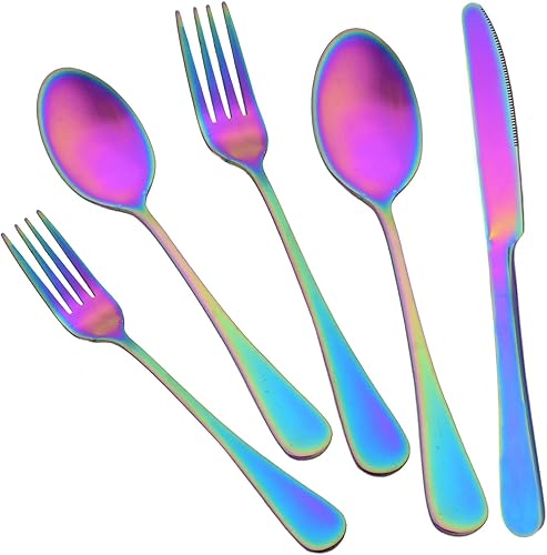 JASHII Juego de cubiertos de 20 piezas con acabado satinado, servicio para 4, juego de cubiertos de titanio, juego de utensilios de arcoíris mate,
