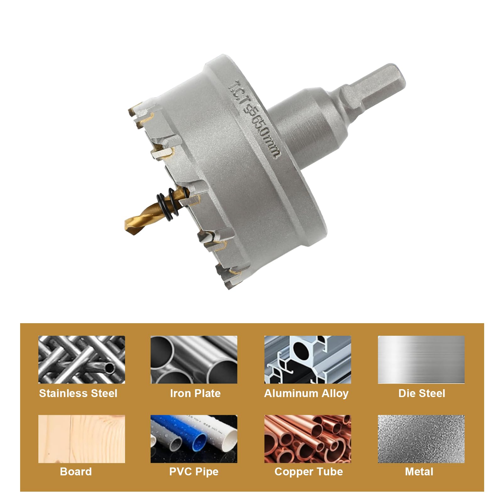 Kit de sierra perforadora TCT de 2-9/16 pulgadas con punta de carburo de tungsteno con broca piloto chapada en titanio para metal, acero inoxidable, hierro (65 mm)