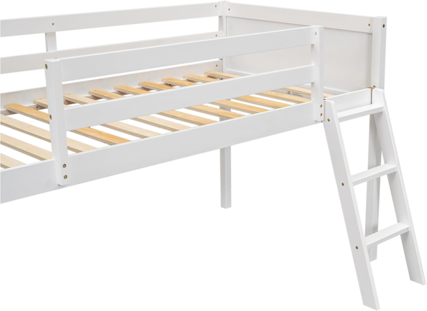 Twin Size Low Loft Bed for Kids,Solid Wood Low Loft Bed with Safety Ladder,Kids Loft Bed Frame Twin Size with Guardrail,Space Saving Loft Bed for Girls Boys (White)