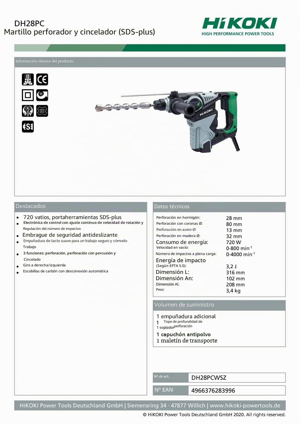 Hikoki DH28PCWSZ - Martillo perforador combinado SDS-Plus, 720 W, 230 V