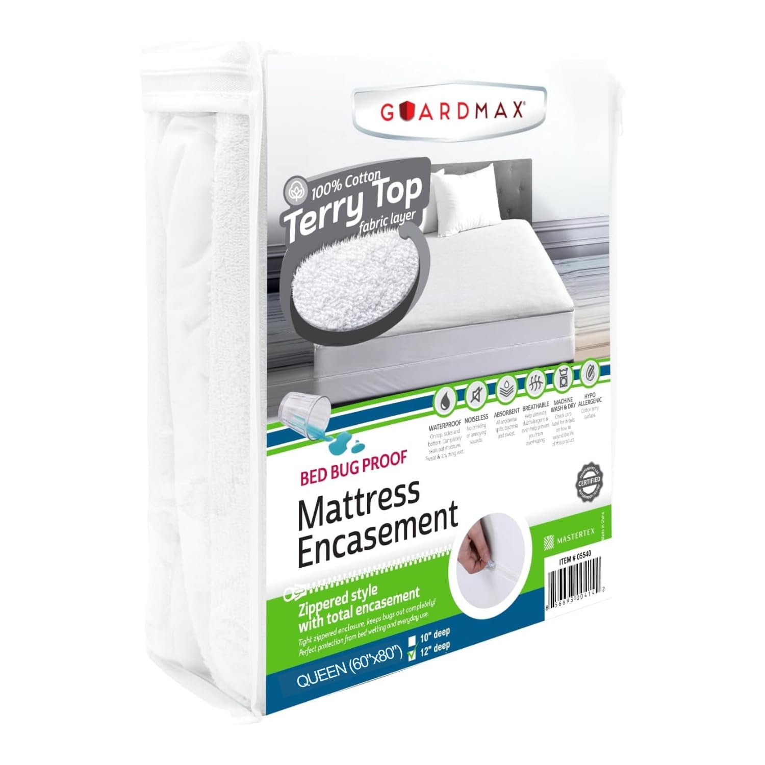 Guardmax Terry Cotton Zippered Mattress Encasement - Queen Size - 100% Waterproof and Bed Bug Proof Mattress Protector - Absorbent Six-Sided Mattress Cover (White, Queen)