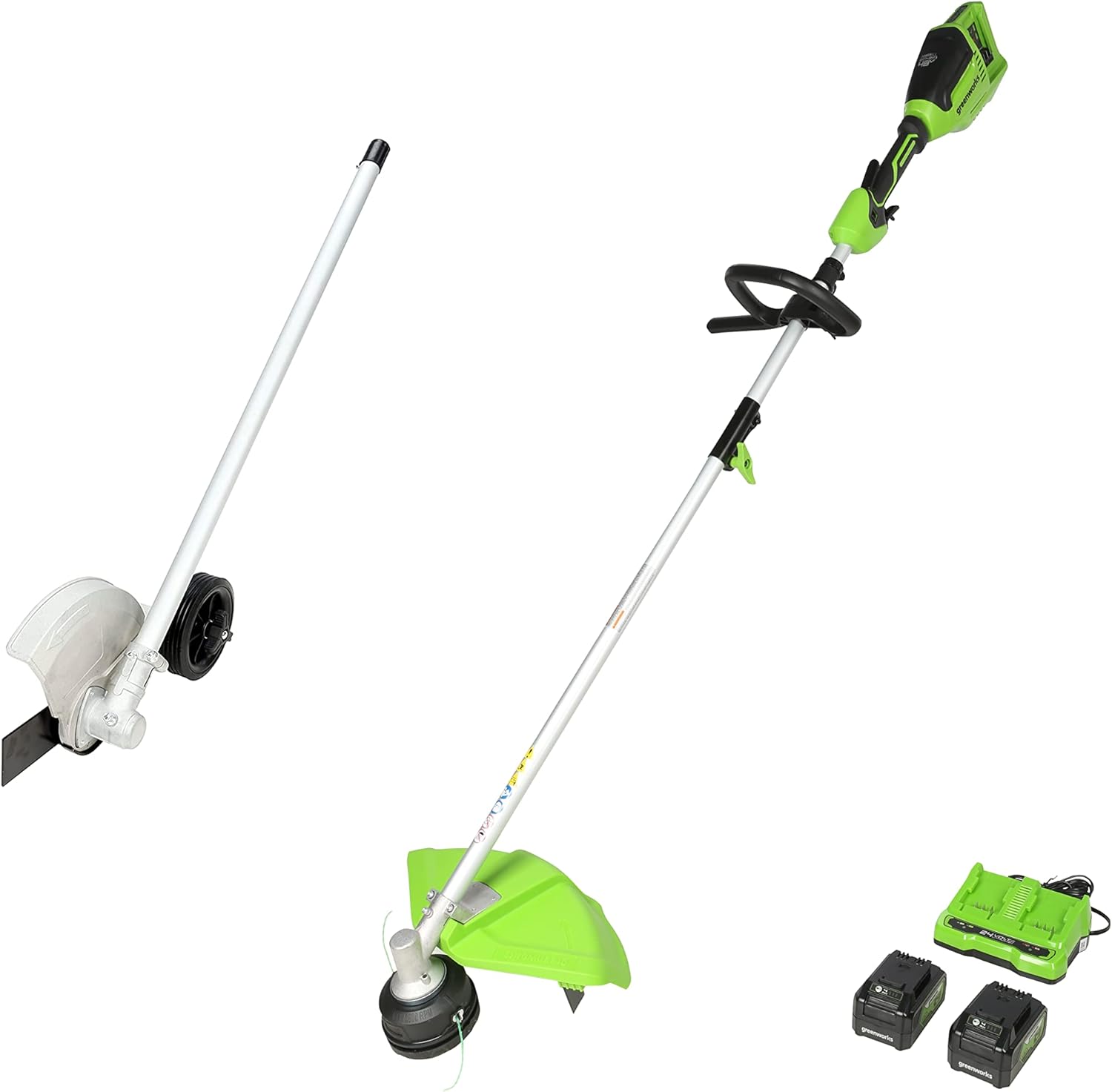 Greenworks 2 x 24V (48V) 16" Brushless (Attachment Capable) Cordless String Trimmer, Edger, (2) 4.0Ah USB Batteries (USB Hub) and Dual Port Rapid Charger Included