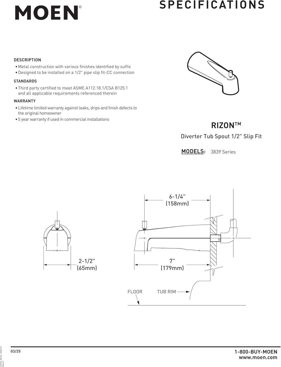 Moen Brushed Nickel 7-inch Tub Spout for Shower or Bathtub with Lift Diverter, 3839BN