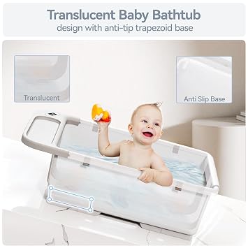 Collapsible Baby Bathtub - Large Capacity Baby Bath Tub with Thermometer & Soft Cushion | Portable Travel Newborn Infant Bathtub | Foldable Toddler Bathtub for Baby 0 to 36 Month, no stand, Light Grey