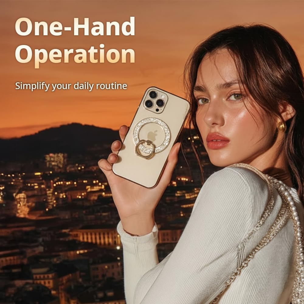 iRing Magnetic Phone Ring Holder for MagSafe, 360° Rotation Finger Grip Stand Compatible with iPhone 17/16/15/14/13/12 – Strong Magnetic Grip, iRing Mag Glam (Gold)