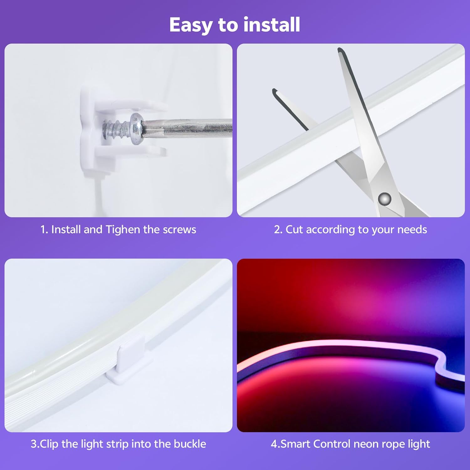 Four-step installation guide for the neon LED strip