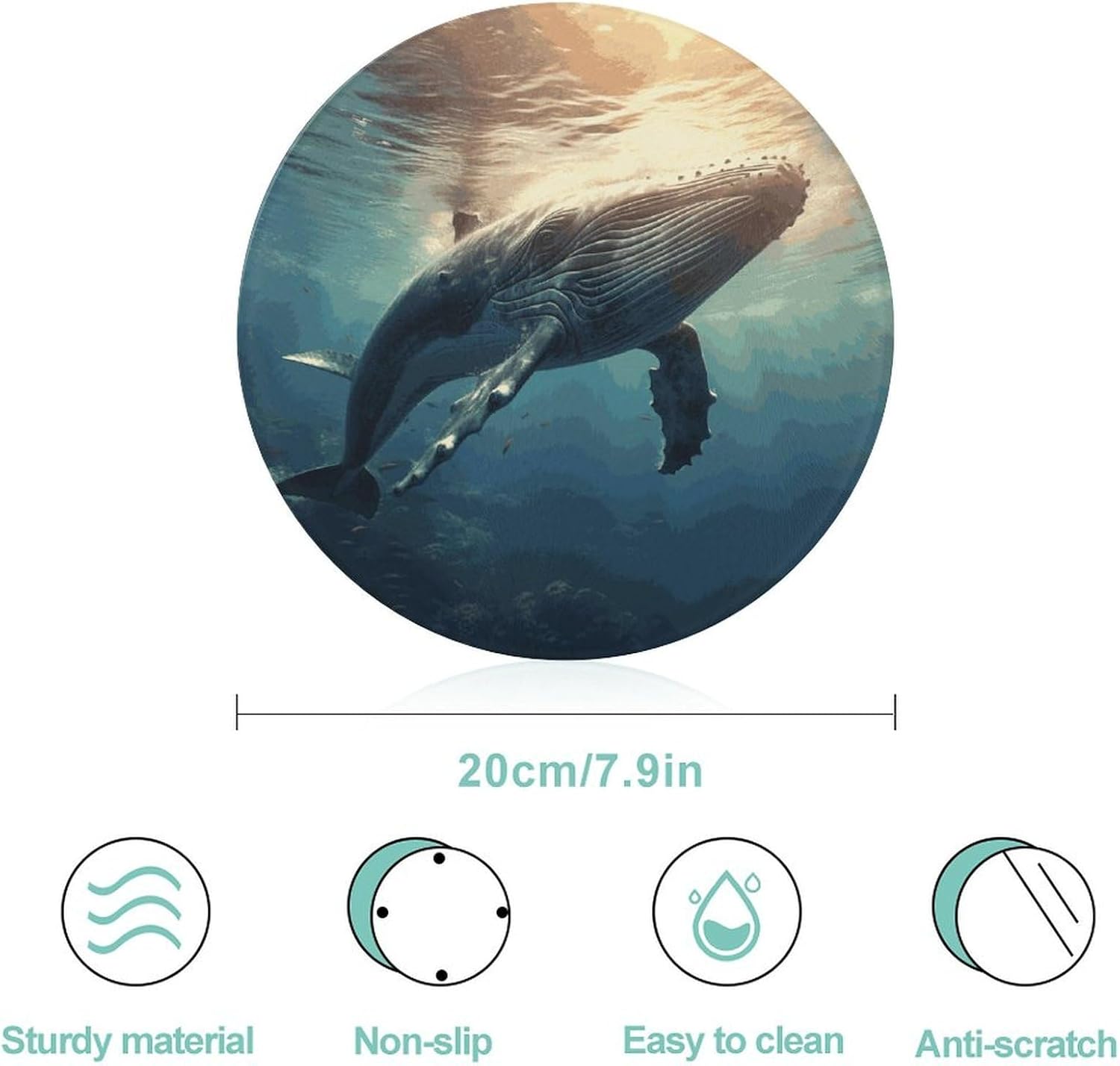 Whale Above Sea Water Chopping Block Tempered Glass Cutting Board Mats Round Countertop Cutting Boards Small Charcuterie Boards Bar Cheese Board Snack Tray