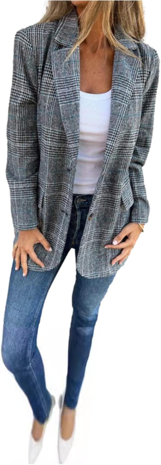 Women's Houndstooth Plaid Suit Jacket Two Buttons Blazer Business Elegant Work Coat