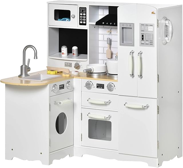 Qaba Kids Corner Kitchen Pretend Play Toy, Educational Pretend Role Playset Game, with Sound Effect, Microwave, Refrigerator, Simulation Faucet, Detachable Sink, for Boys and Girls, White