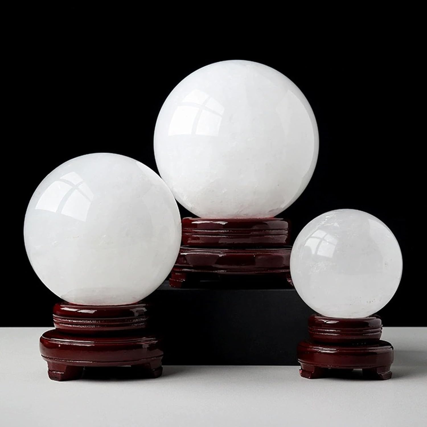 White Calcite Crystal Ball Quartz Sphere with Wooden Base for,Decorative Feng Shui Crystal Orb for Home Office and Balancing,6cm