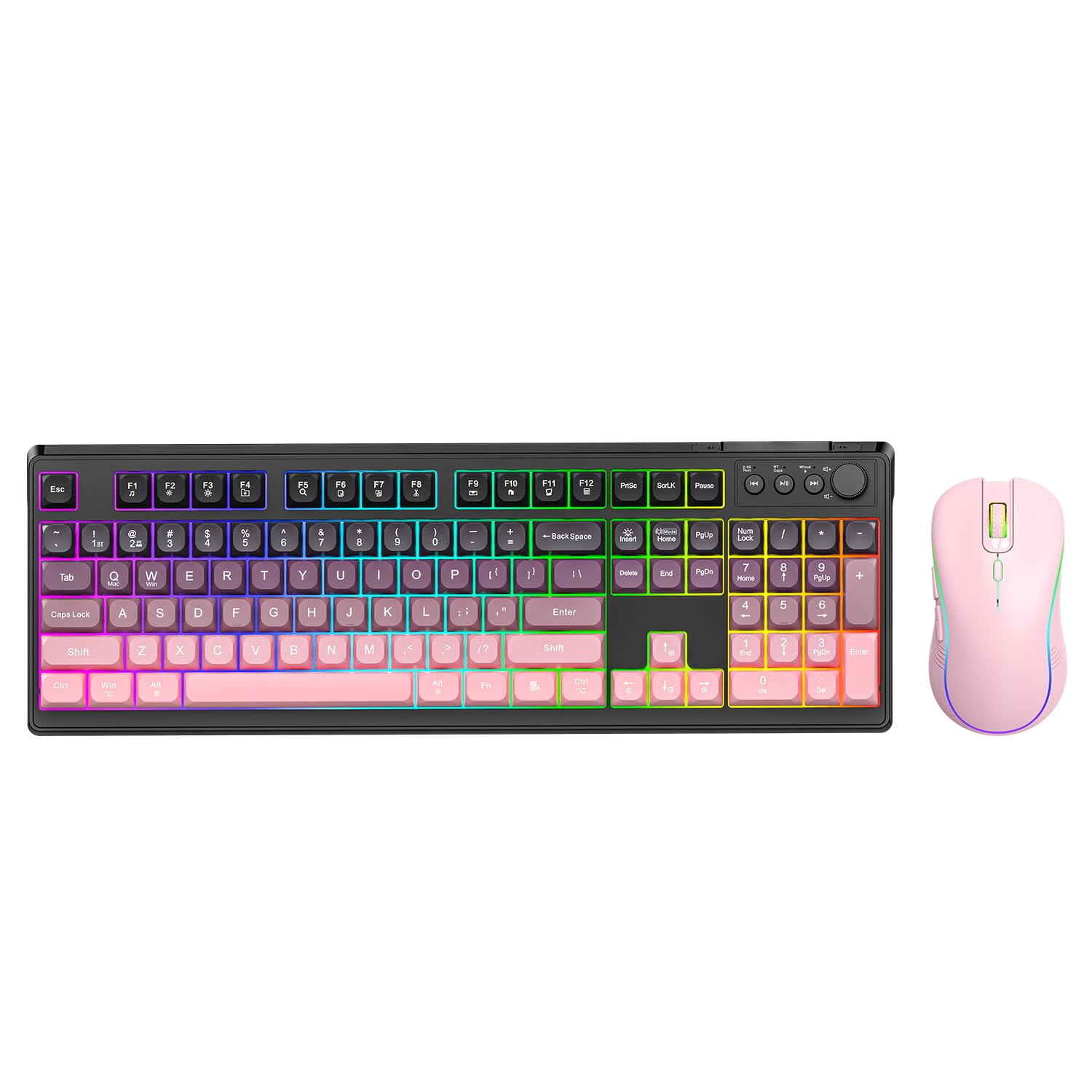 Wireless Keyboard and Mouse Combo, RGB Backlit Rechargeable 2000 mAh Battery, Wireless Computer Keyboards, Tri-Mode Bluetooth/2.4GHz/USB-C Custom Creamy Keyboard, RGB Backlit Media Knob (White-Pink)-image-35