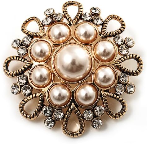 Vintage Wedding Imitation Pearl Crystal Brooch (Burn Gold Tone), white / ivory, gold - Image 4