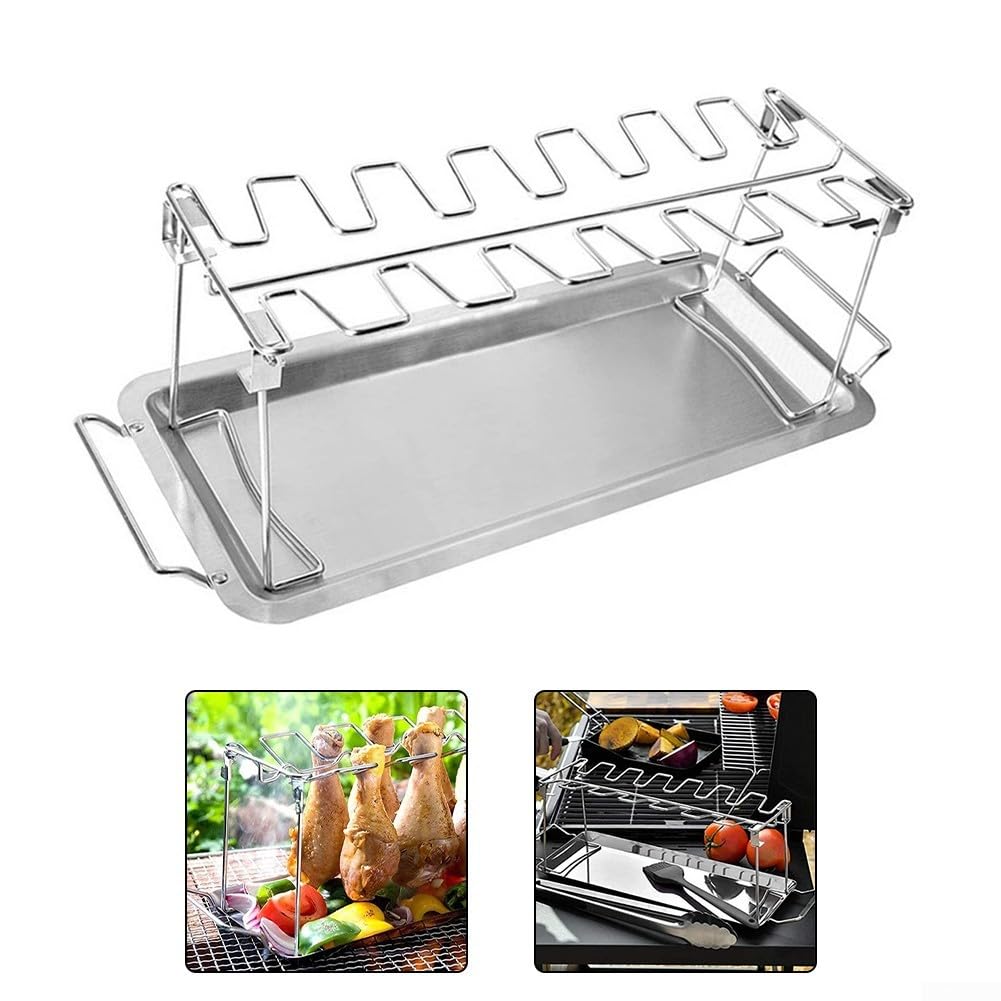 Rejilla de Acero Inoxidable para Pollo con Bandeja recogegrasa: fácil de Limpiar, barbacoas, Parrillas, asadores y ahumadores. Accesorio de Cocina versátil.