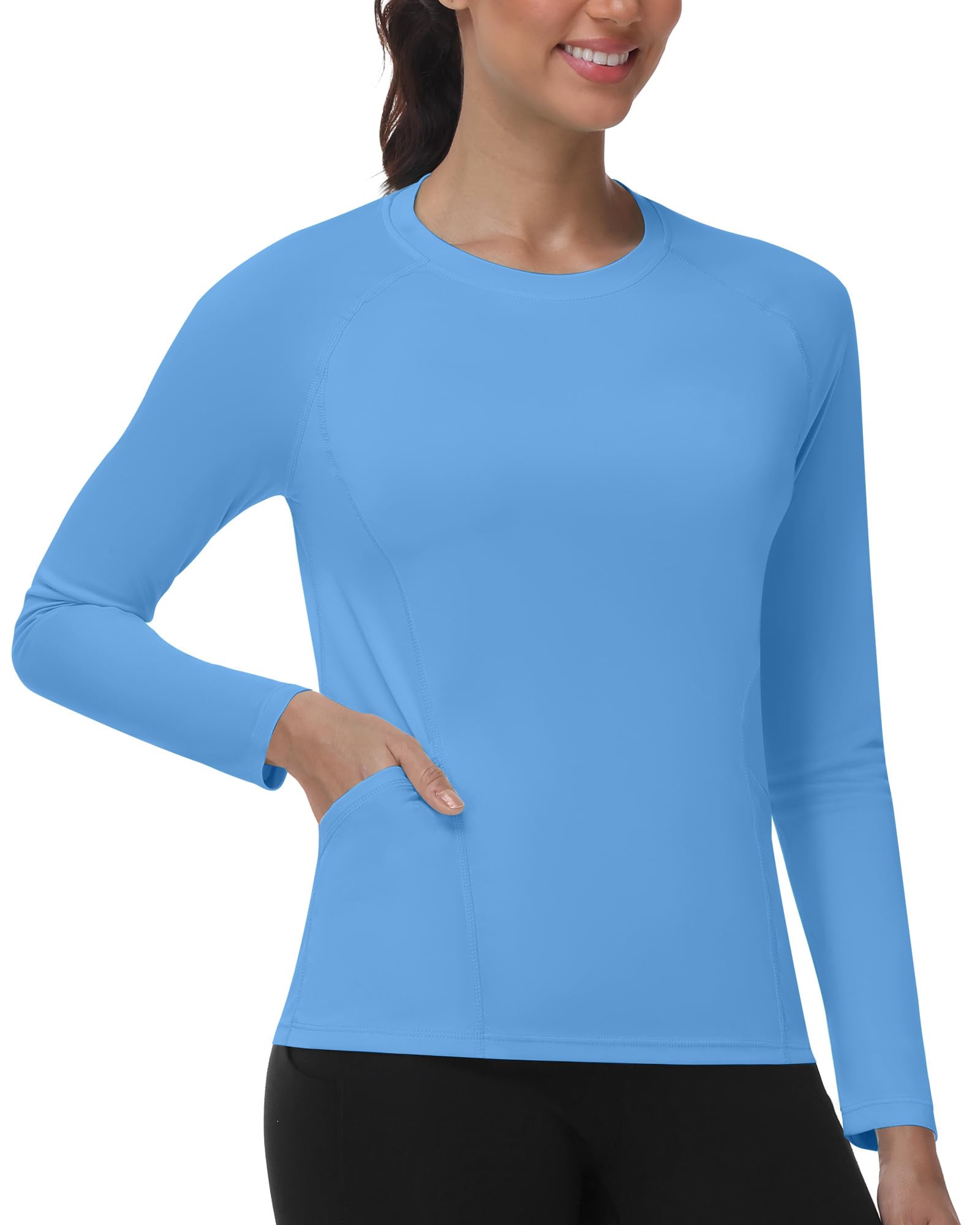 ELIRAVO UV Shirt Damen Langarm mit Taschen, UPF 50+ Sonnenschutz Rash Guard, Schwimmshirt Atmungsaktiv Schnelltrocknend Badeshirt für Fitness Gym Yoga Wasser Strand