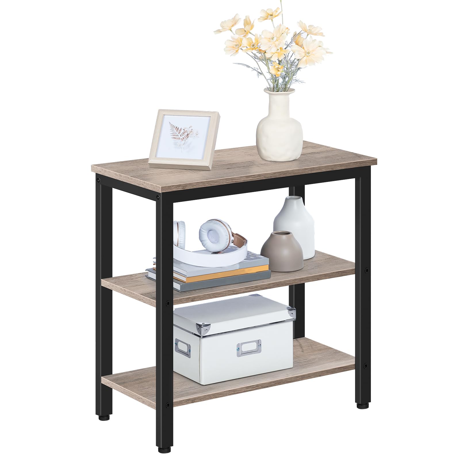 HOOBRO Beistelltisch, Nachttisch mit 3 Ablage, Sofatisch Industriestil, Nachtschrank, Schlafzimmer, Wohnzimmer, Küche, Einfach zu montieren, Metallrahmen, Greige EBG14BZ01