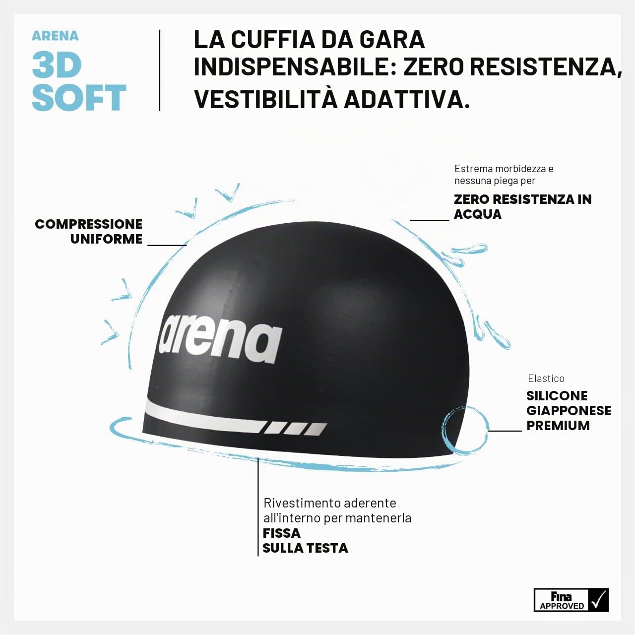 Arena Cuffia da Nuoto 3D Soft USA, Morbida, Unisex, da Adulto, in Silicone, per Allenamento e Gara