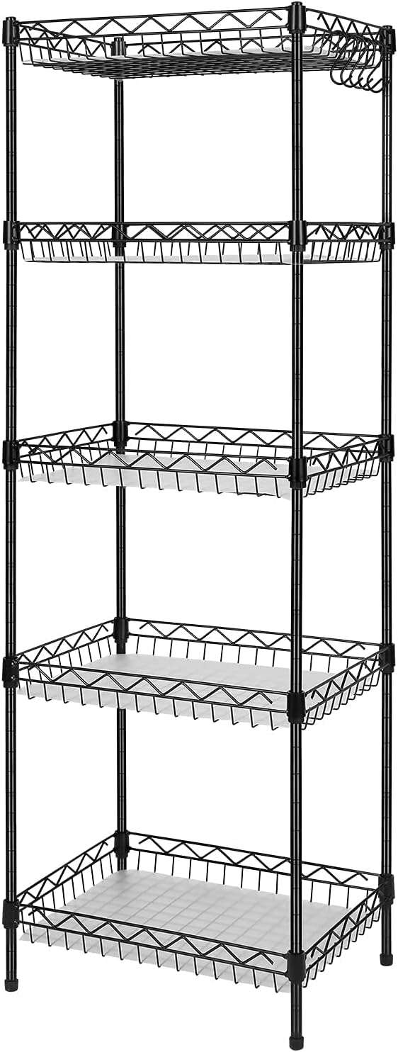 Storage Shelves, 5-Tier Wire Shelving Unit with Baskets Storage Rack Corner Shelf Shelving Adjustable Storage Shelf, 11.8″ D x 15.7″ W x 63″ H, Black