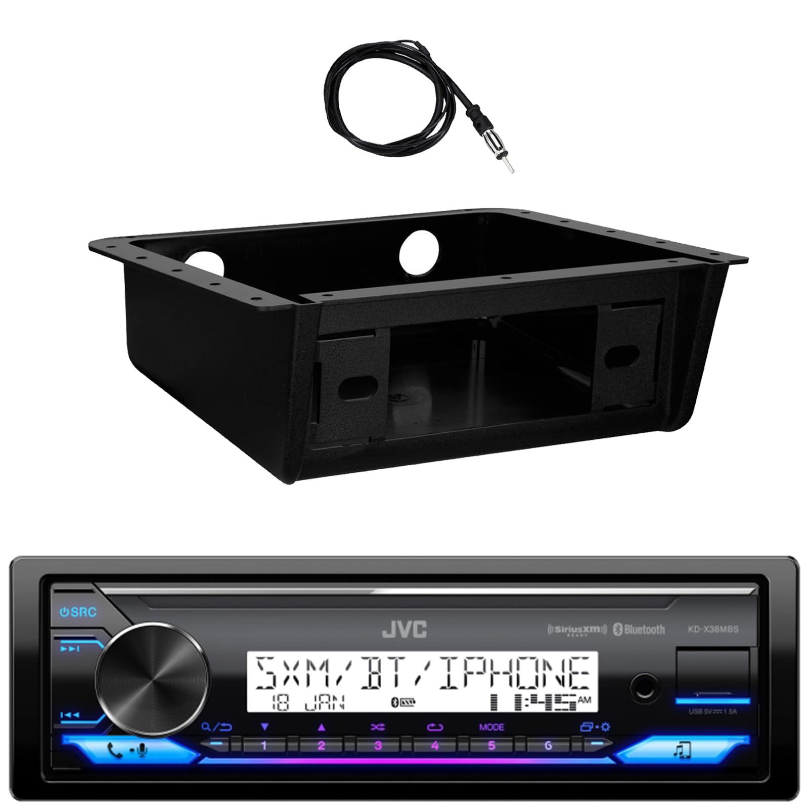 JVC KD-X38MBS Single DIN Marine Motorsports Bluetooth USB/AUX LED AM/FM Radio SiriusXM Ready Stereo Receiver W/Fully Enclosed Under Dash/Overhead Installation Mounting Kit, Antenna (Media Only)