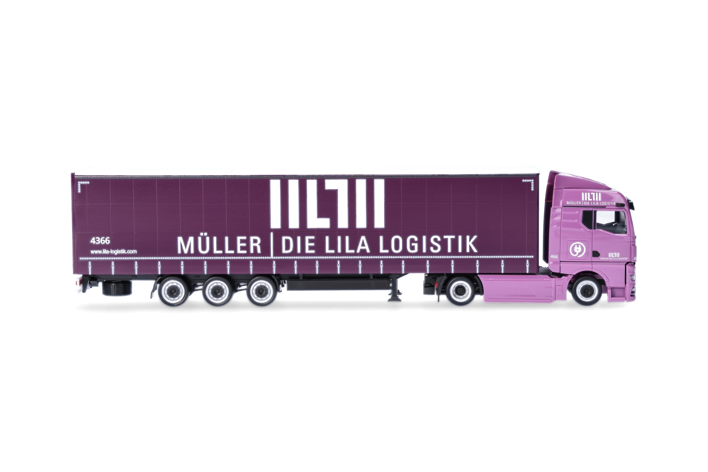 Herpa Model ciężarówki MAN eTGX GM naczepa z plandeką o zwiększonej pojemności „Müller - Die lila Logistik”, skali 1:87, model kolekcjonerski, wyprodukowany w Niemczech, wykonany z tworzywa sztucznego