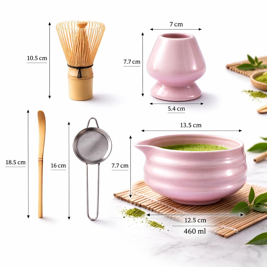Meshverse Premium Japanese 5-Piece Matcha Tea Ritual Set with Ceramic Bowl, Bamboo Whisk, Whisk Holder, Bamboo Scoop & Sifter, Traditional Tea Set, Gift for Matcha Lovers - Pearl Cotton Color 3