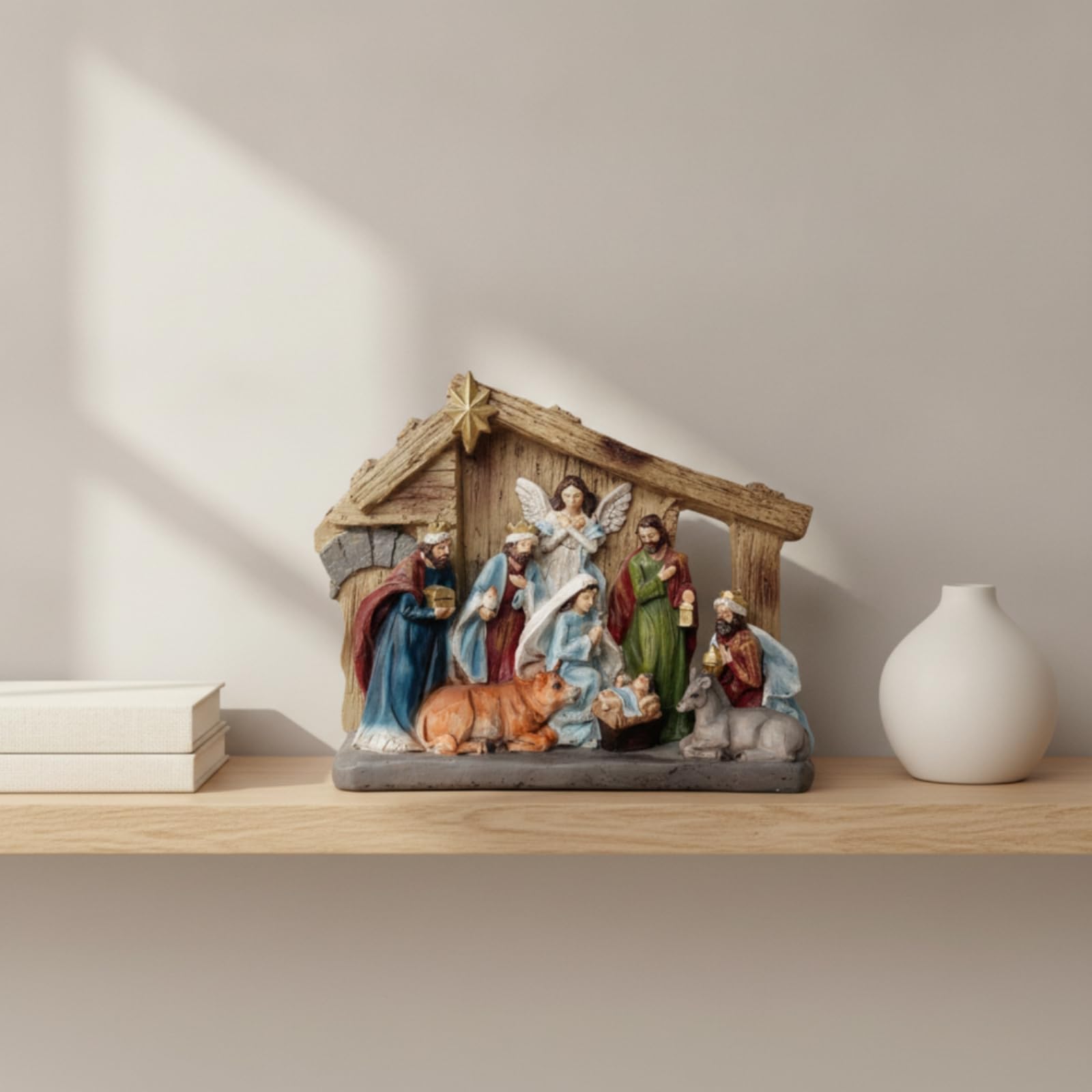 rockible Presepe con Capanna Natalizio Presepe da Tavolo Rustico Decorazione per Collezionisti