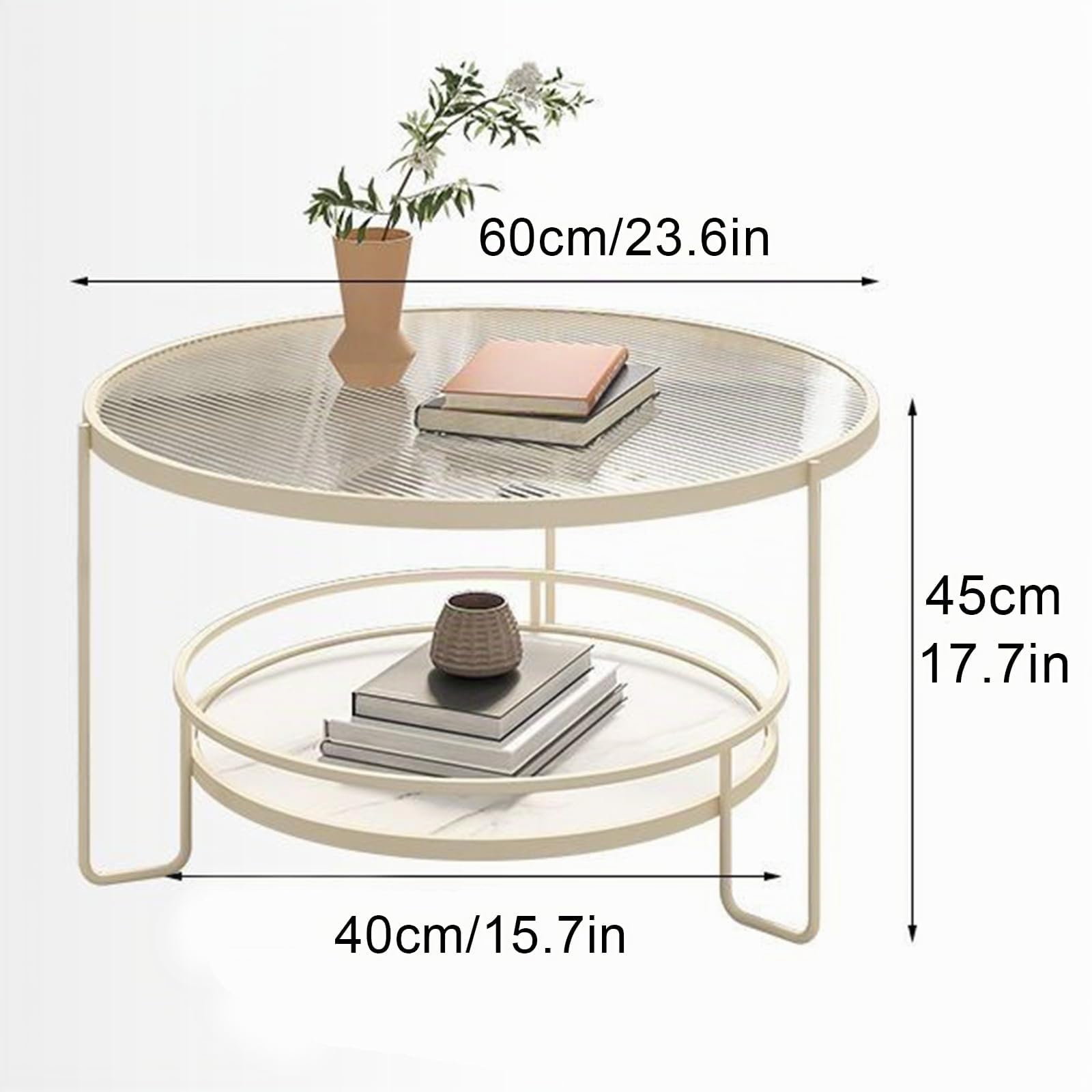 Runder Couchtisch aus gehärtetem Glas, 2-stöckiger Beistelltisch mit Metallrahmen, moderner, platzsparender Mitteltisch für Wohn- und Esszimmer (60 x 45 cm, Schwarz A)