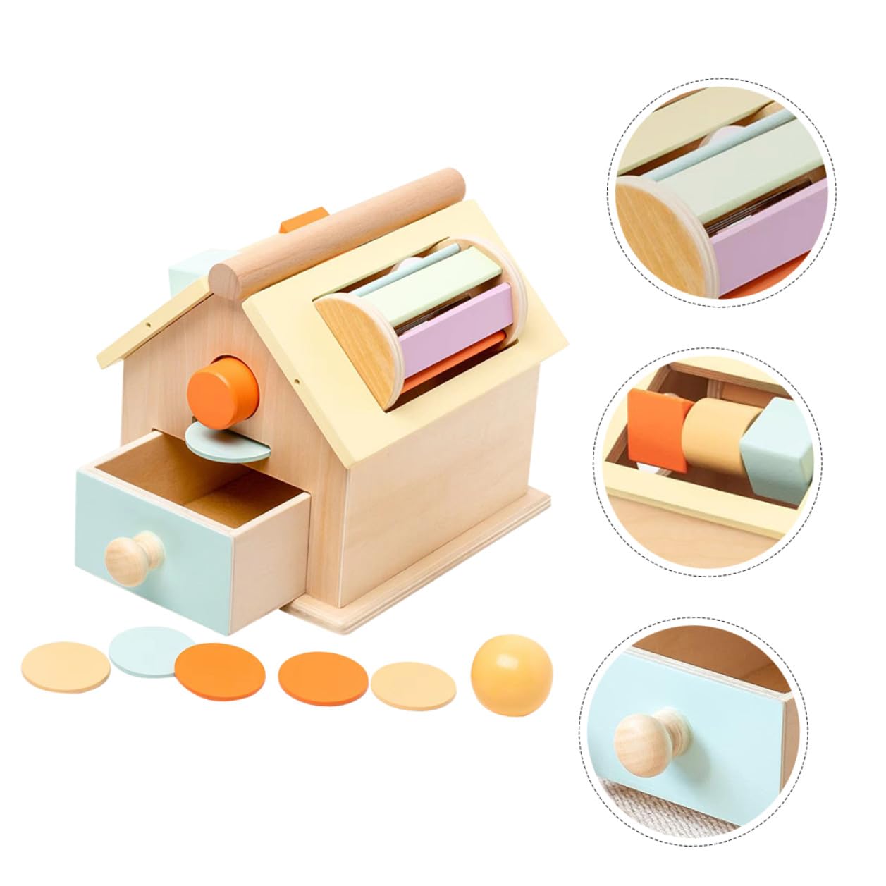 UKCOCO Juguete Sensorial de Madera Natural para Pequeños 1-3 Años Caja de Bolas y Monedas Montessori para Desarrollo Motriz y Coordinación Ojo-Mano Juguete Educativo Infantil Compacto