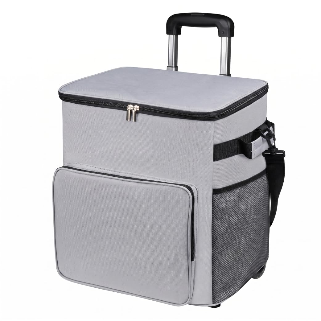 Nevera de Playa con Ruedas, Bolsa térmica de 35 l con Almacenamiento Multibolsillos, Nevera portátil con Ruedas aislada a Prueba de Fugas, Color Gris.