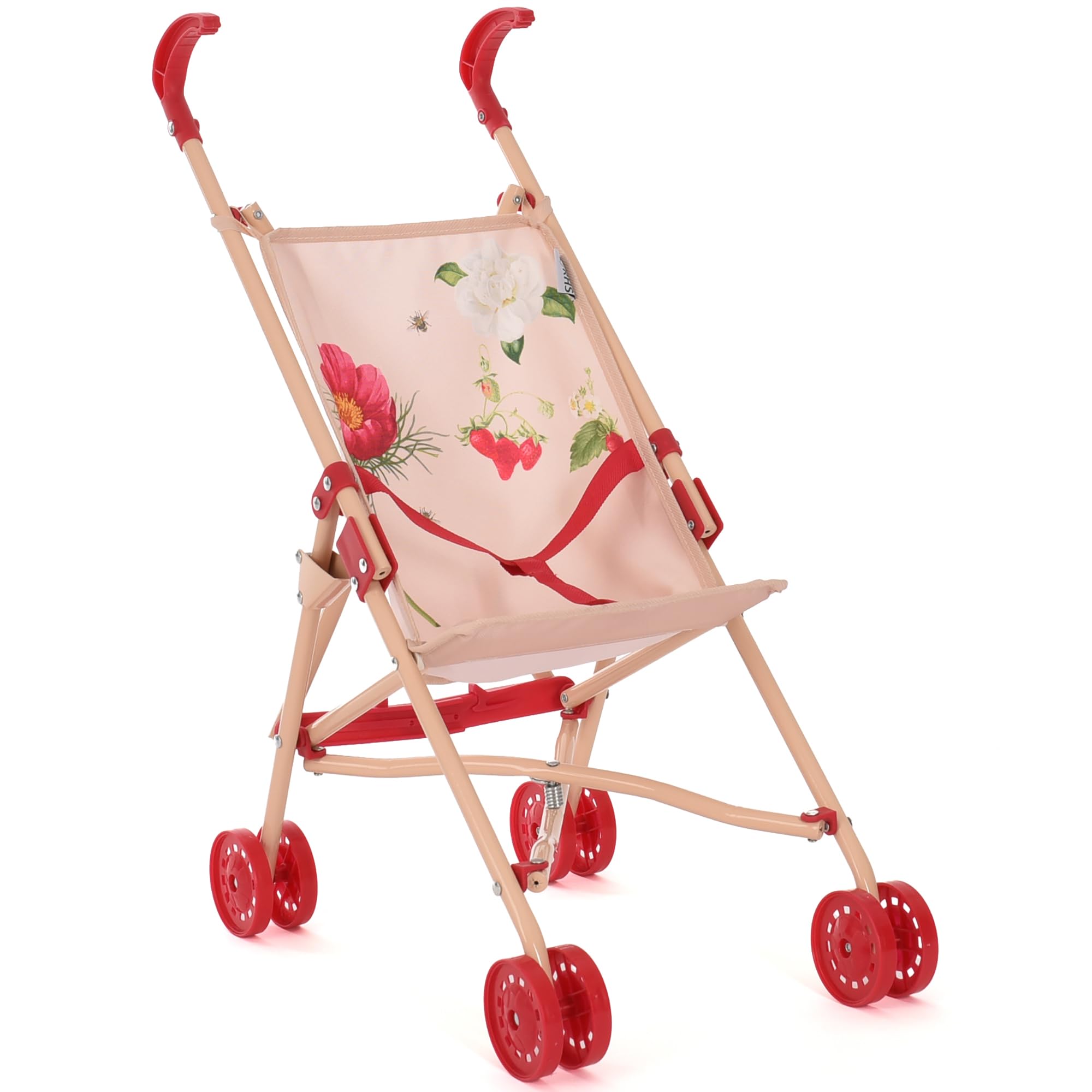 Poussette pour poupée Roma Flora - Jouet écologique avec parapluie pour poupée - À partir de 2 ans, crème/rouge, tissu recyclé, pliable, portable, première poussette idéale pour poupée, cadeau de Noël