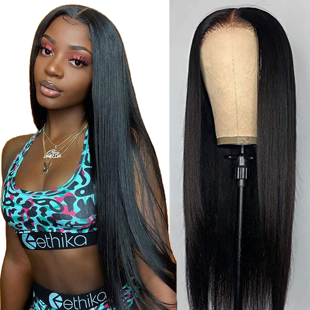Straight Lace Front Wigs Human Hair Glueless Human Hair Wigs Brazilian Straight 4x4 Lace Closure Human Hair Wigs for Black Women Natural Black 150% Density Pre Plucked with Baby Hair Bleached Knots