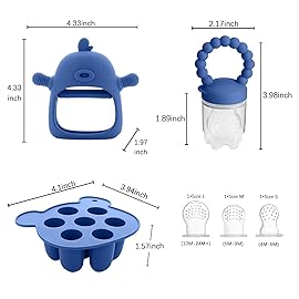 Baby Fruit Feeder & Breastmilk Popsicle Mold Set - 3 Pack Silicone Teething Relief Kit with Food Feeder Pacifier, Freezer Tray with Lid & Baby Teether (Steel Blue)