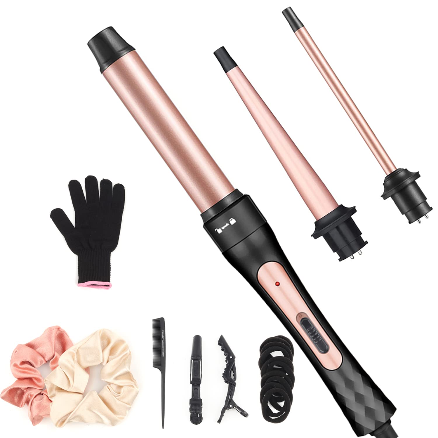 JAETON Ferro Arricciacapelli Set 3 in 1, 9-32mm Ferro Arricciacapelli Professionale con Rivestimento in Ceramica Arricciacapelli con 3 Ferri di Diverso Diametro, con guanti