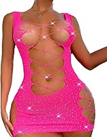 Damen Partykleid,Damen Kurzes Kleid aus Fischnetz,Clubwear Partykleid Mesh-Einsätze,Sexy Minikleid Dessous Set,Sexy Bodycon Fischnetz Minikleid (Rosarot)