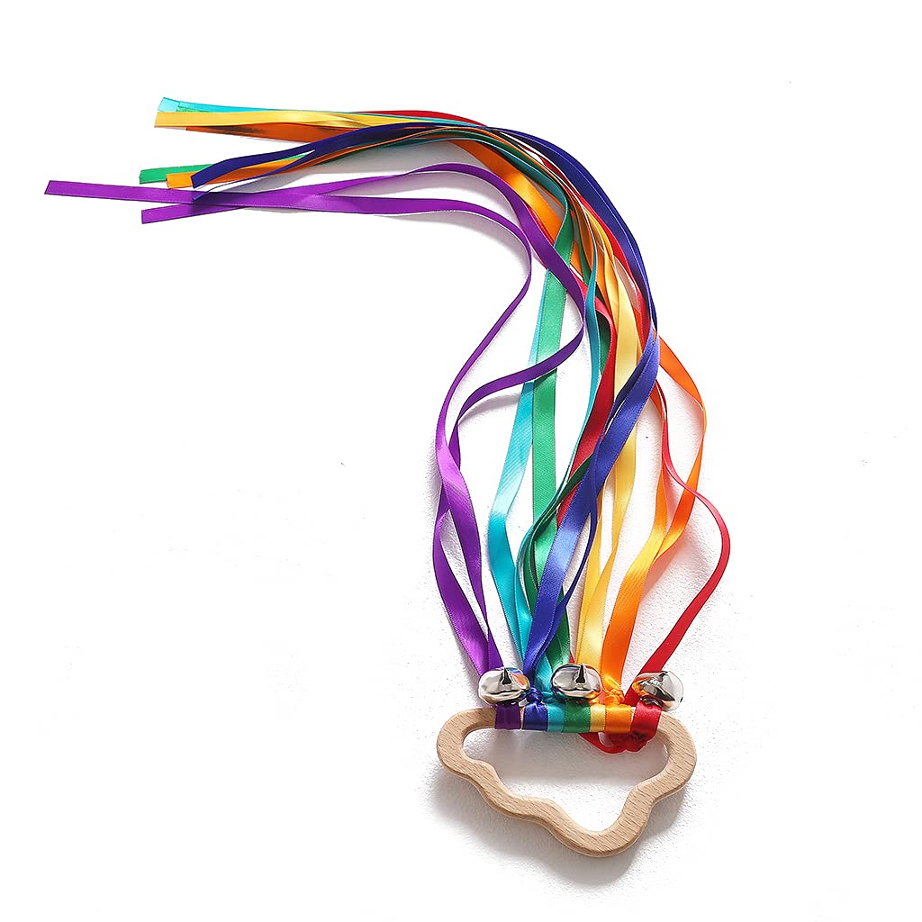 Wooden Rainbow Ribbon Rattle Hand Kite Toys Baby Develop Hearing Recognition Sensory Shower Birthday Gift Hand Kite