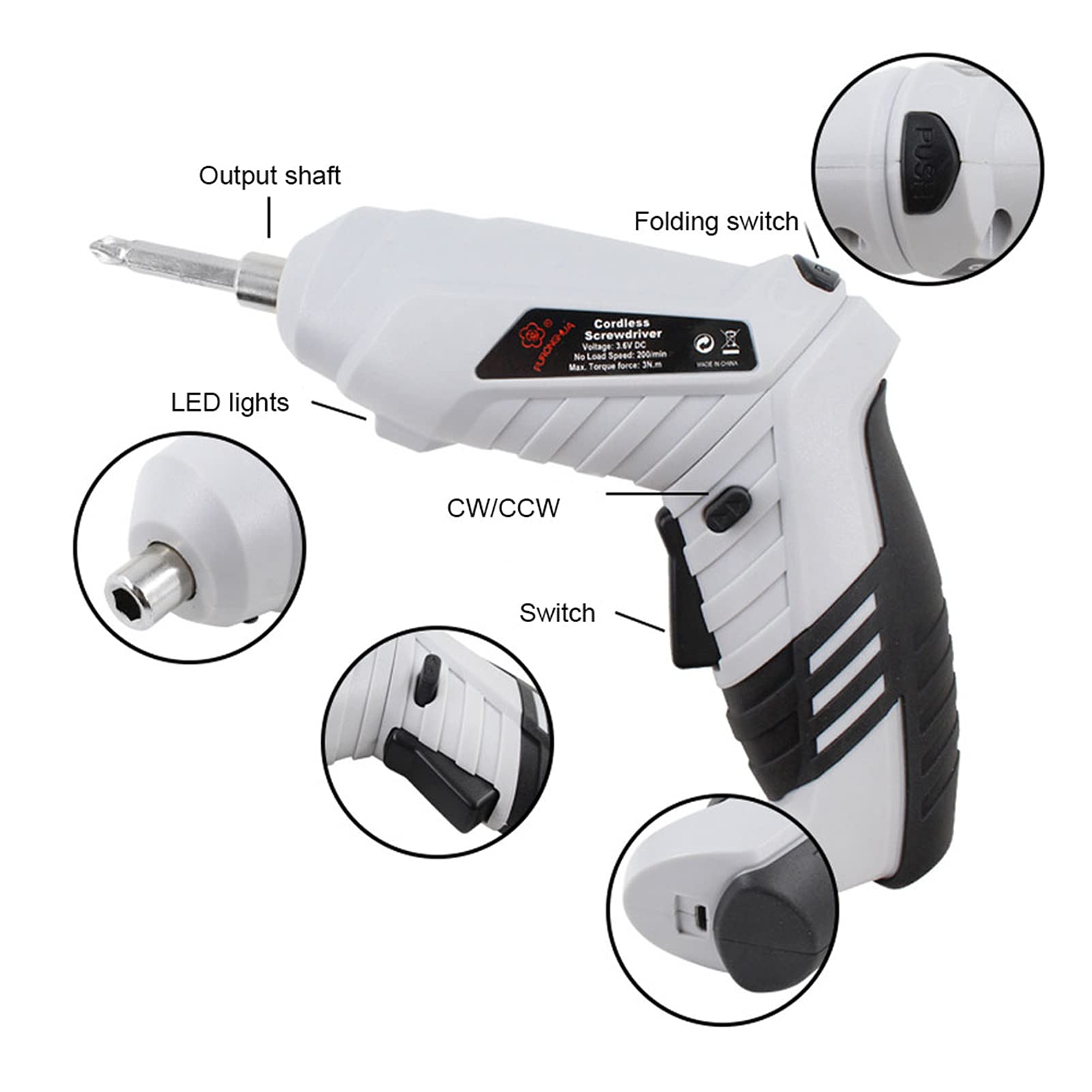 Kit trapano avvitatore elettrico a batteria 3,6 V con luce di lavoro a LED | Cacciavite ad angolo retto ricaricabile con impugnatura rotante per spazi ristretti e batteria di lunga durata