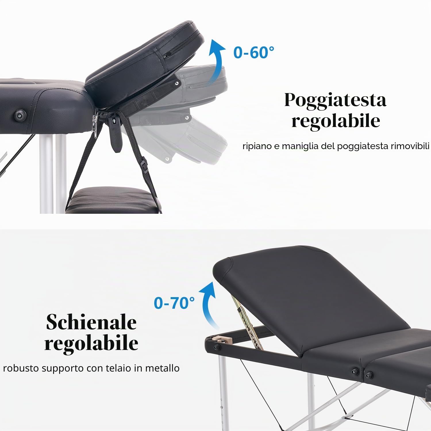 YOUNIKE Lettino da Massaggio Nero Pieghevole Portatile Lettino di Bellezza Professionale a 3 Zone Regolabile e Pieghevole in Altezza in Alluminio con Custodia per il Trasporto