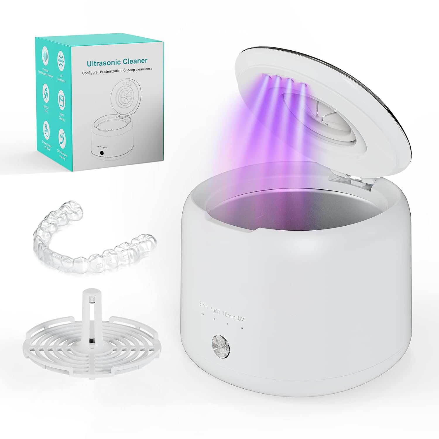 Ultrasonic Retainer Cleaner Machine with UV Light – 4 Timer Modes Ultrasonic Cleaner for Retainers, Dentures & Mouth Guards – 360° Deep Cleaning, Low Noise