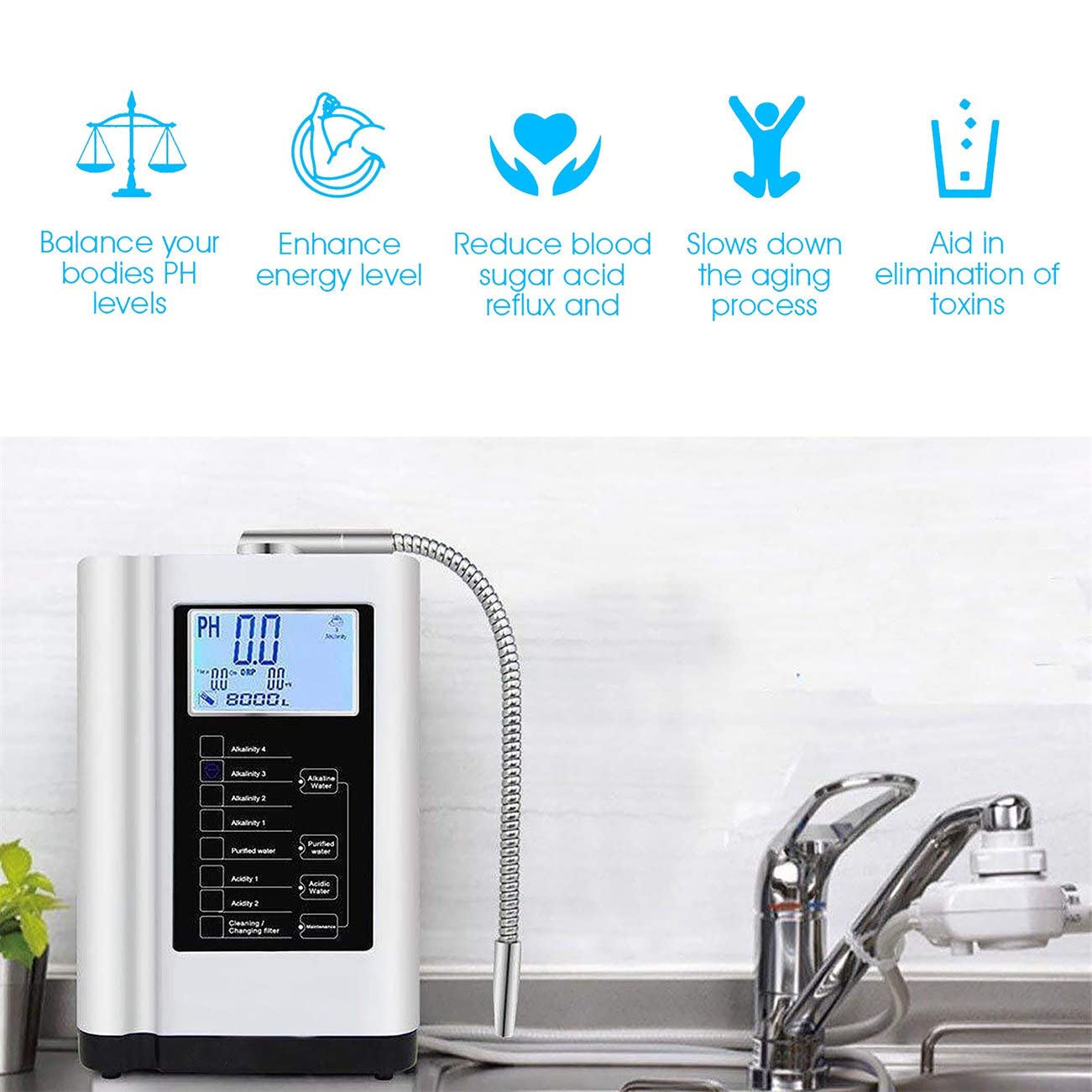 Alkaline Water Ionizer Machine AG7.0, Water Filtration System for Home,Produces PH 3.5-10.5 Acid Alkaline Water, Home Alkaline Acid Drinking Water Filter