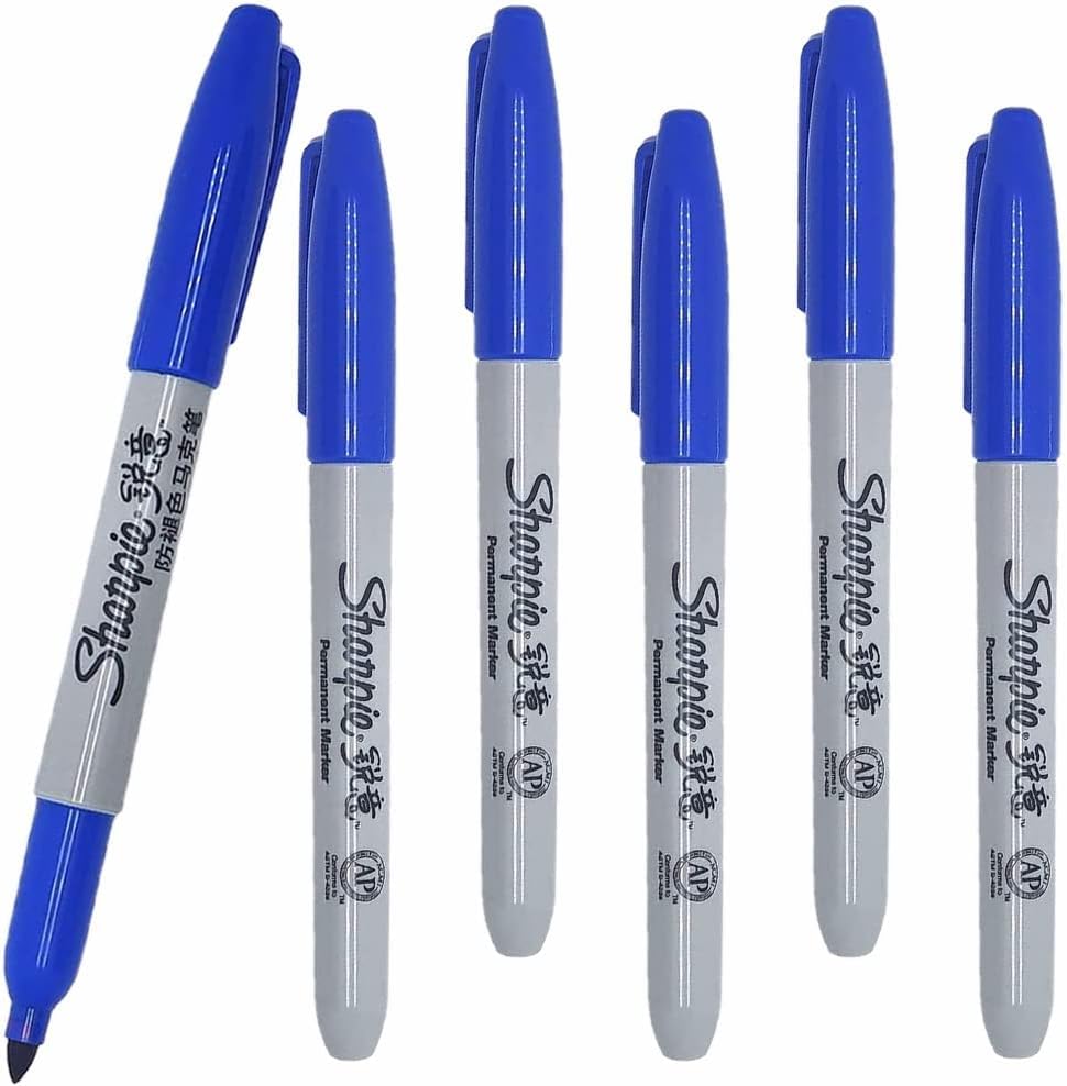 6 x Sharpie Permanent Marker Pens with Fine Point Tip for Paper Metal & Plastic, Dark Blue Colour Ink