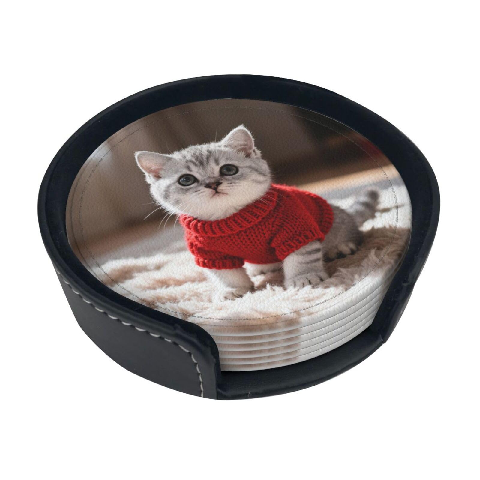 Cntdbu White Cute Shorthair Cat Leather Coasters Set Of 6-Pu Leather Drink Mats For Table, Heat Resistant Round Coasters With Holder