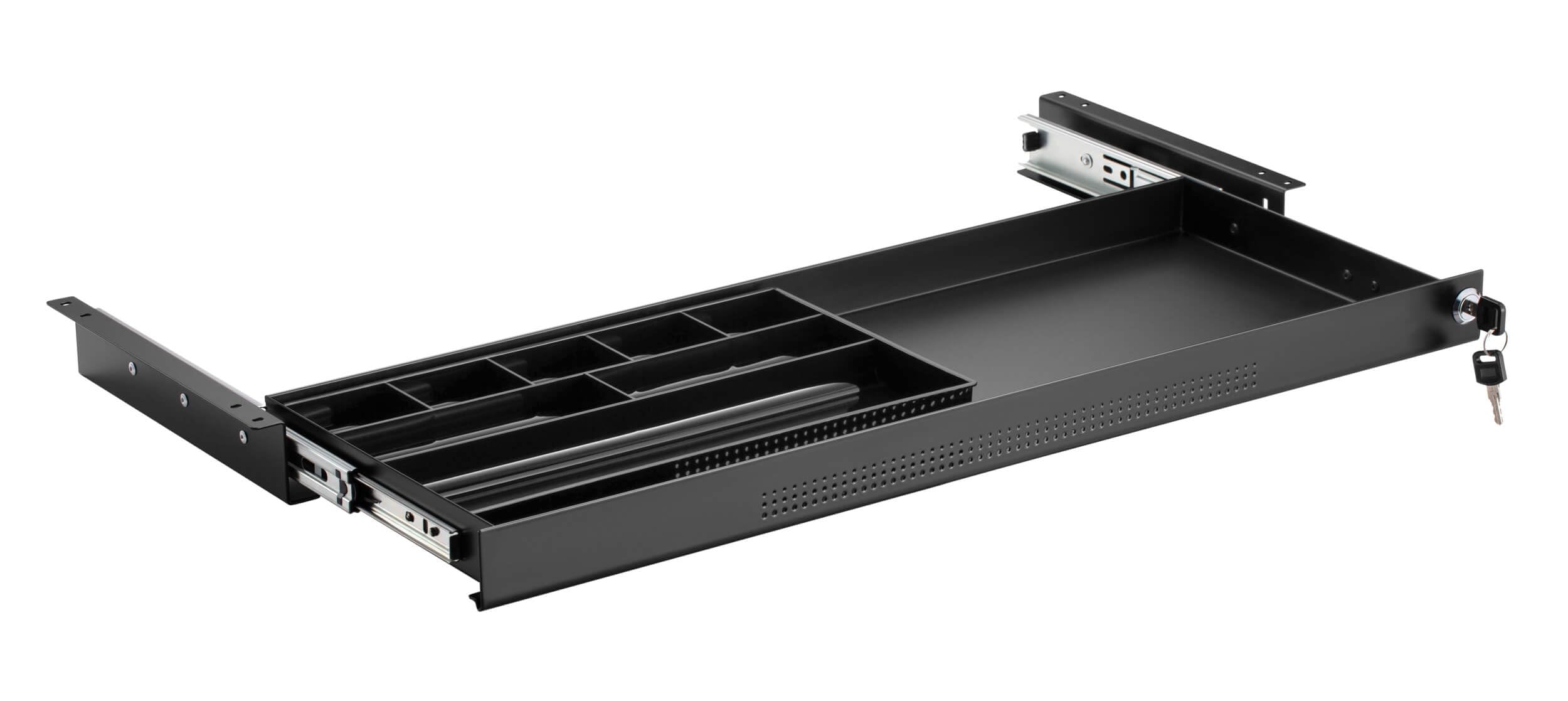 Eigentlich Unterbau-Schublade flach schwarz B:74 x L:25-45 x H:5,8 cm, Schreibtischschublade inkl. Sortierfächer, Materialschublade abschließbar für Schreibtische