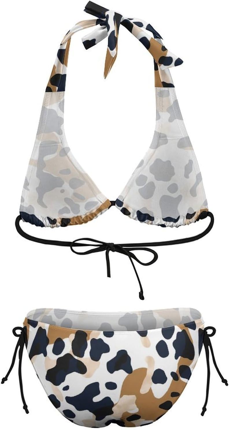 Brown and White Cow Print Novelty Women's 2 Piece String Bikini Set Swimsuits Bathing Suit Swimwear