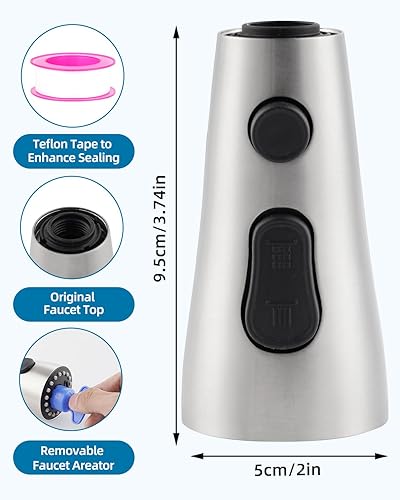 Miniatura 5 de Hygie Rinse Reemplazo de cabezal de grifo de acero inoxidable, cabezal universal de grifo de cocina con 12 adaptadores, 3 modos de agua, cabezal