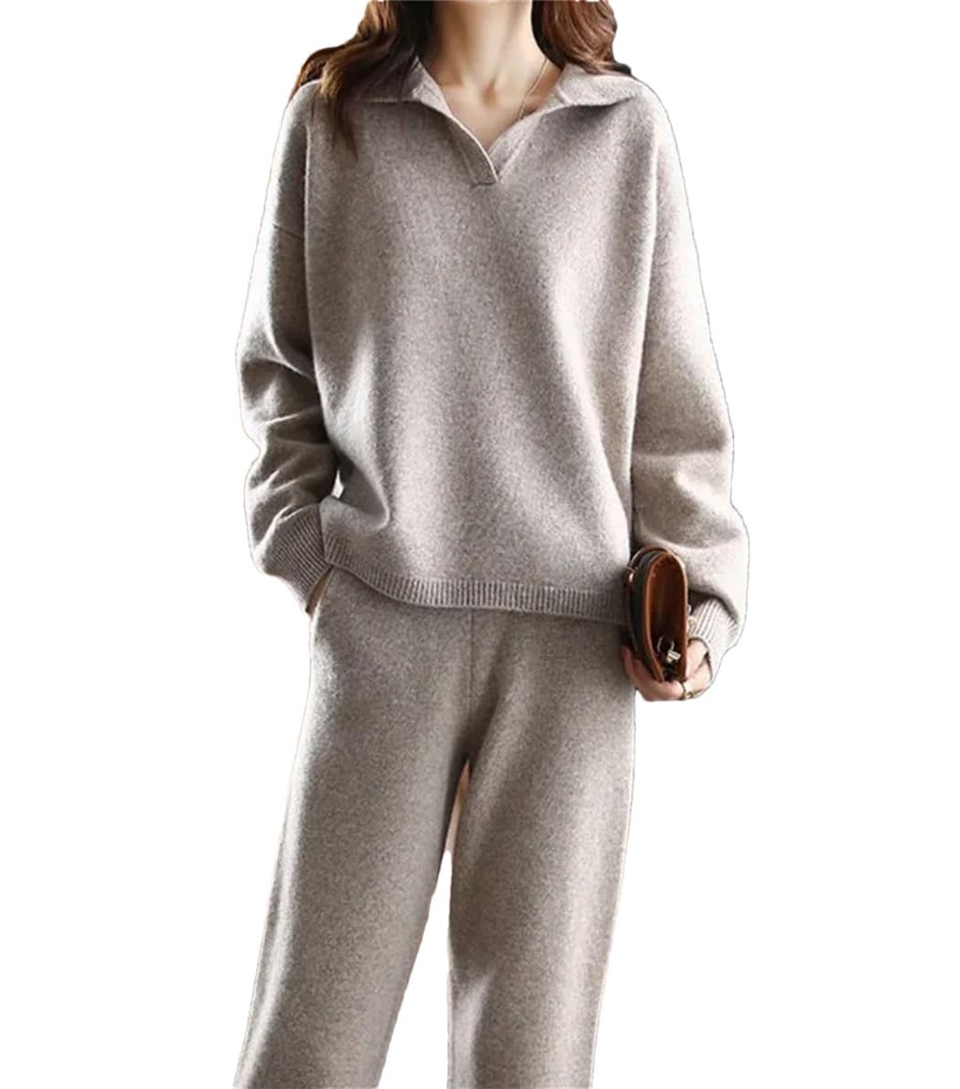 Haitpant 2 Pezzi Set Donna Oversize Tuta Polo Collare Maglione E Pantaloni Dritti Maglia Pullover Set Maglione Suit