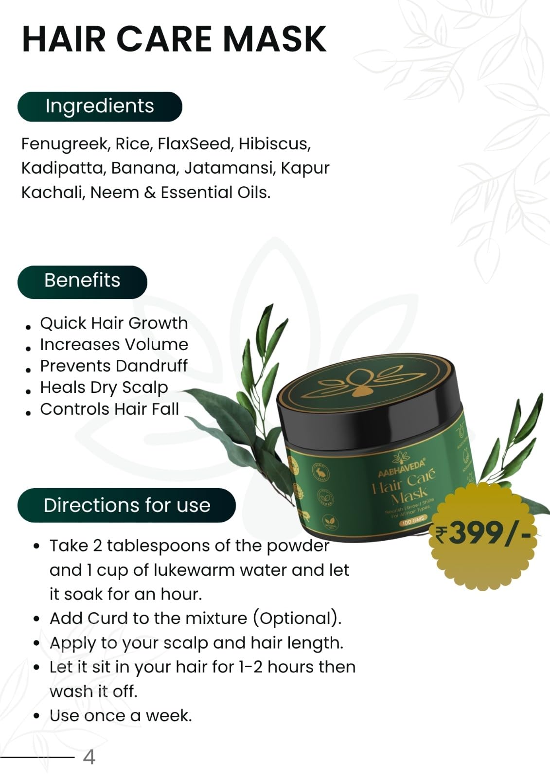 AabhaVeda Organic Hair Care Mask - Deep Nourishment, Repair, and Shine | Organic Ingredients | Intense Hydration | Strength | Silkiness | Frizz Control | Scalp Health | All Hair Types - 100GM 1