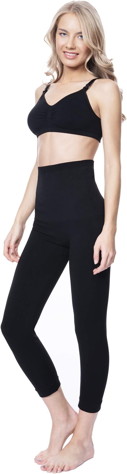 Postpartum High Waist Tummy Compression Control Slimming 3/4 Capri Leggings (Large, Black)