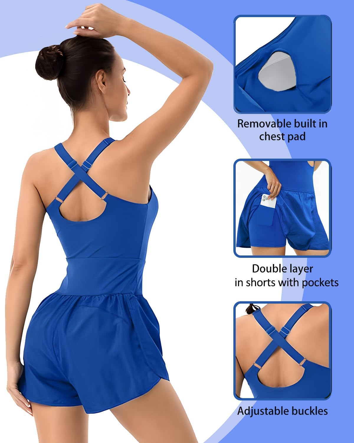 Women’s Workout Romper One Piece Athletic Jumpsuit with Padded Bras & Built-in Shorts Running Yoga Gym Outfit Exercise - Image 5