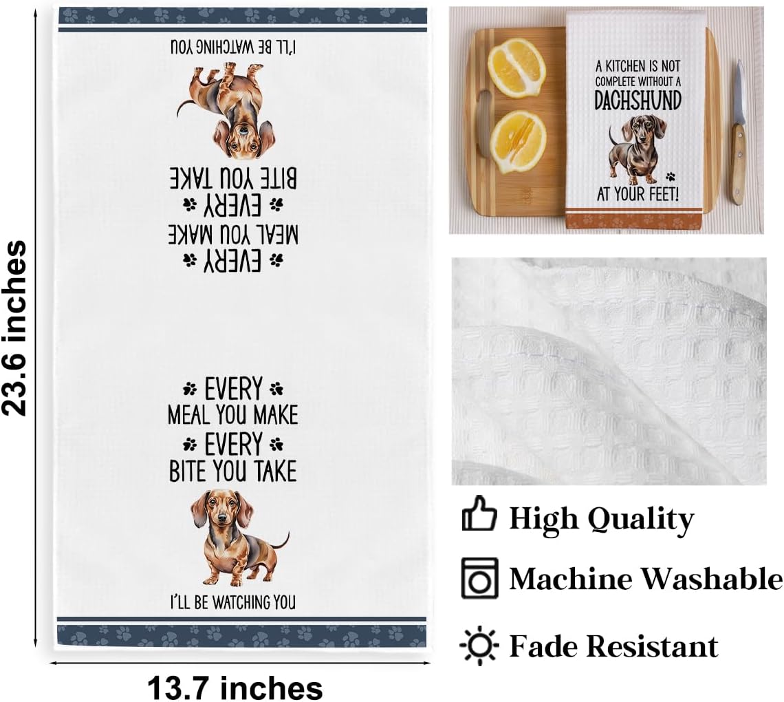 2Pcs Funny Dogs Kitchen Towels 24x14 Inch, Cute Dachshund Waffle Weave Dish Towels for Kitchen Home, White Absorbent Microfiber Hand Tea Towel, Weiner Dog Gifts for Women Dog Lovers 2 - Image 2